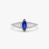 14k Gold Marquise Shape Sapphire  Ring with Baguette Accents - GeumJewels
