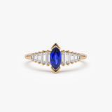 14k Gold Marquise Shape Sapphire  Ring with Baguette Accents - GeumJewels