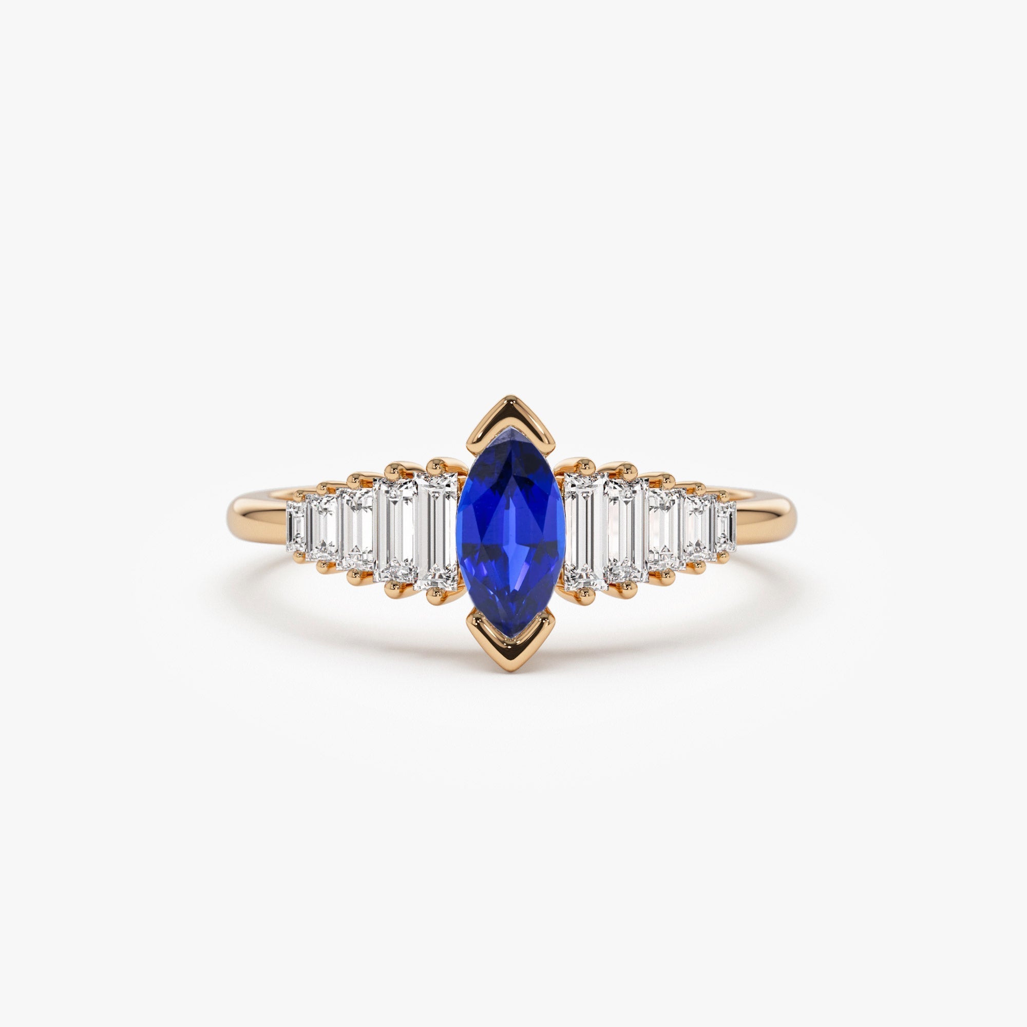 14k Gold Marquise Shape Sapphire  Ring with Baguette Accents - GeumJewels