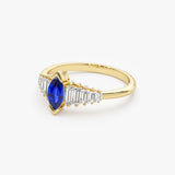 14k Gold Marquise Shape Sapphire  Ring with Baguette Accents - GeumJewels