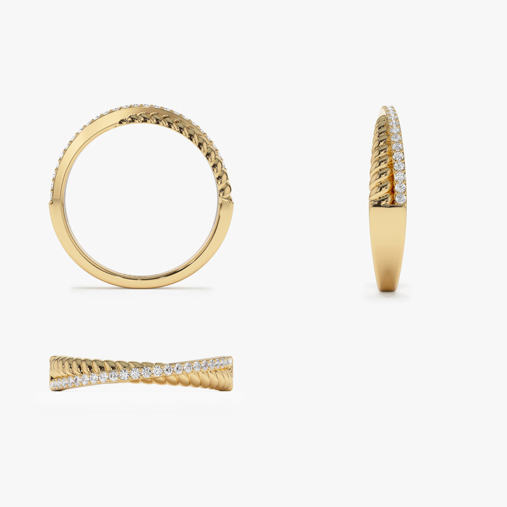 14k Gold Micro Pave Diamond Twisted Rope Criss Cross Ring - GeumJewels