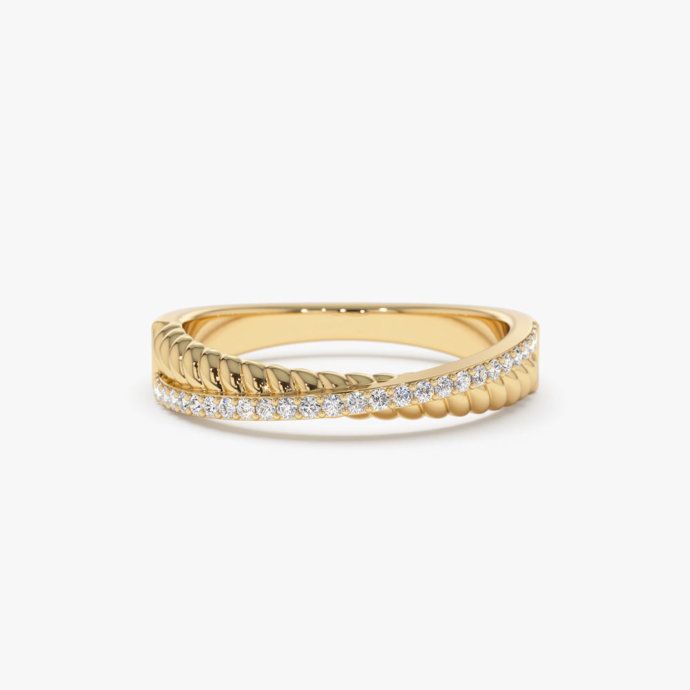 14k Gold Micro Pave Diamond Twisted Rope Criss Cross Ring - GeumJewels