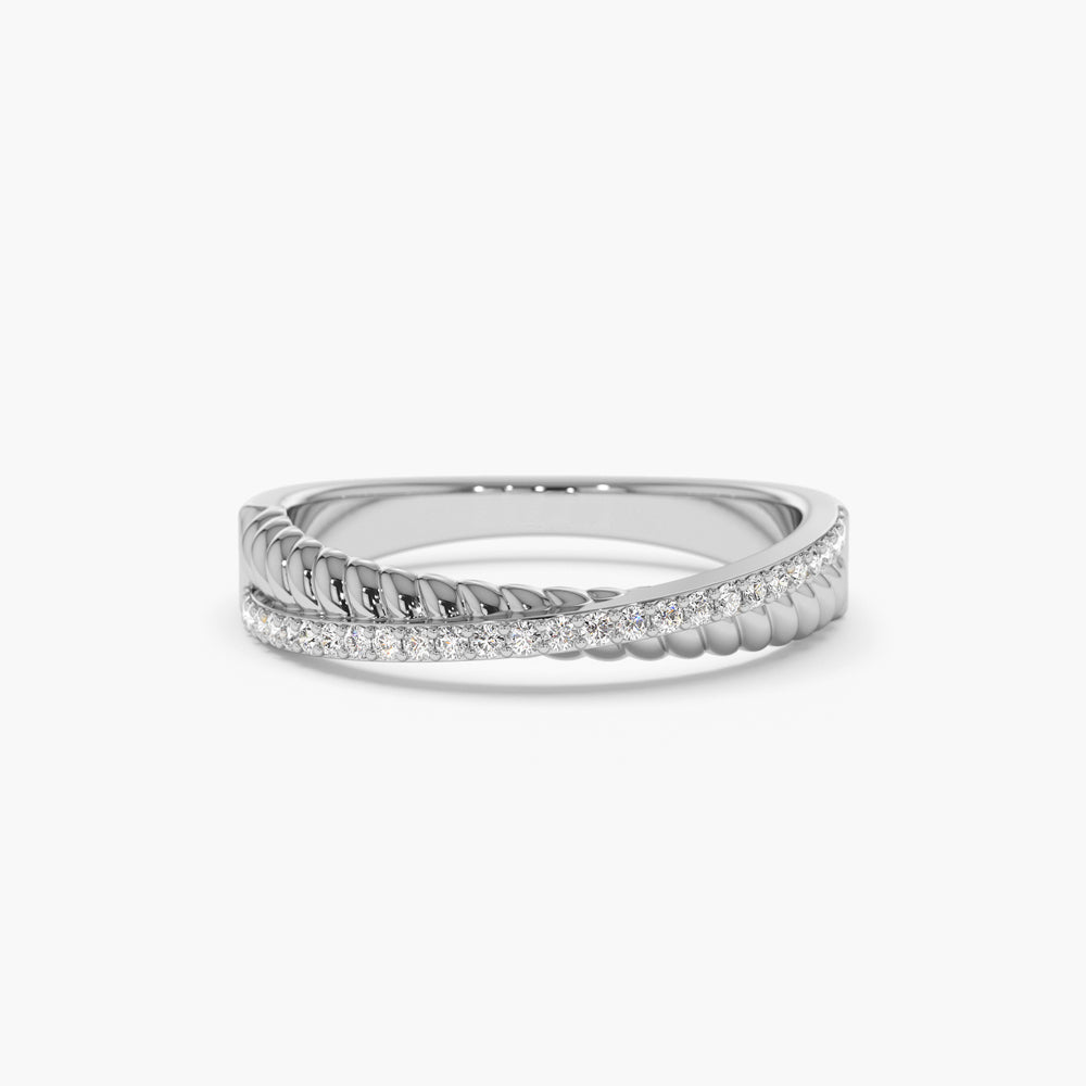 14k Gold Micro Pave Diamond Twisted Rope Criss Cross Ring - GeumJewels