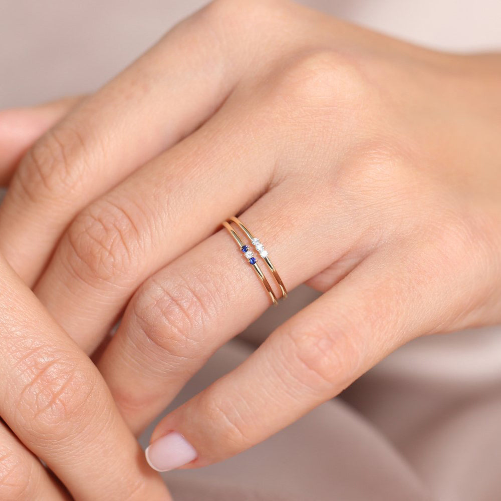 14K Gold Minimal Sapphire and Diamond Ring - GeumJewels