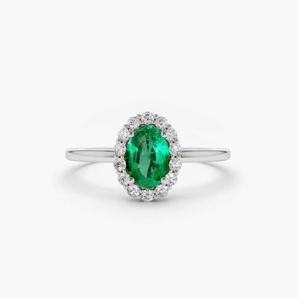 14K Gold Oval Cut Emerald Halo Diamond Ring - GeumJewels