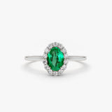14K Gold Oval Cut Emerald Halo Diamond Ring - GeumJewels