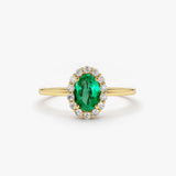 14K Gold Oval Cut Emerald Halo Diamond Ring - GeumJewels