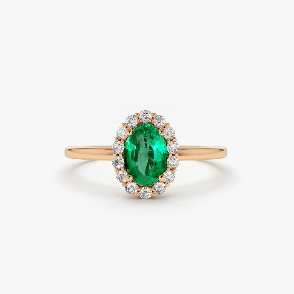 14K Gold Oval Cut Emerald Halo Diamond Ring - GeumJewels