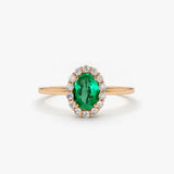 14K Gold Oval Cut Emerald Halo Diamond Ring - GeumJewels