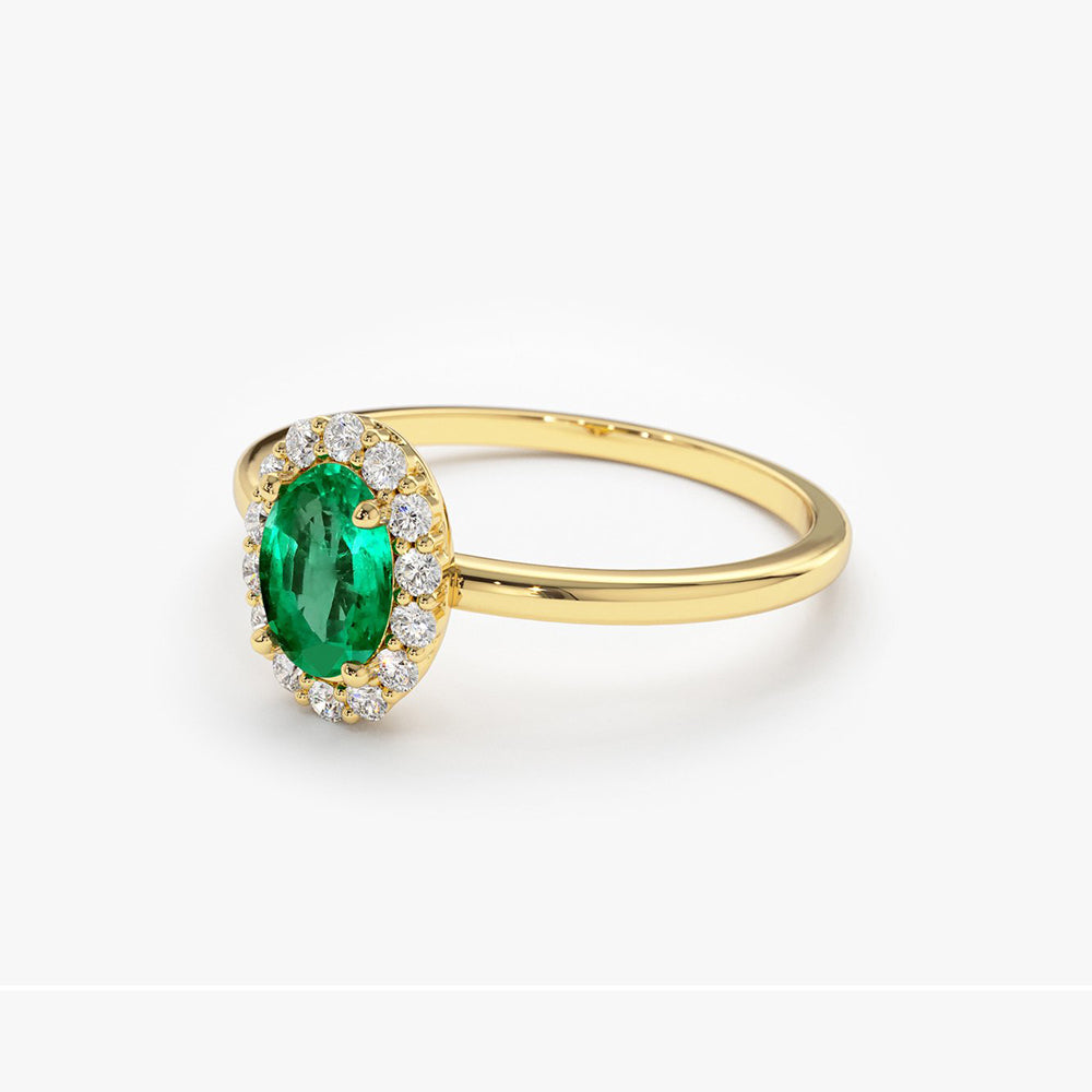 14K Gold Oval Cut Emerald Halo Diamond Ring - GeumJewels