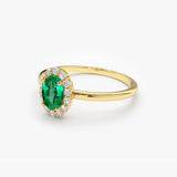 14K Gold Oval Cut Emerald Halo Diamond Ring - GeumJewels