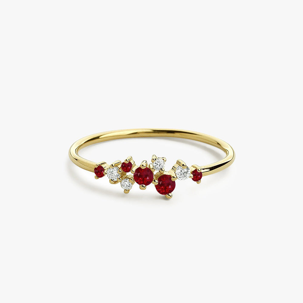 14k Gold Ruby and Diamond Cluster Ring - GeumJewels