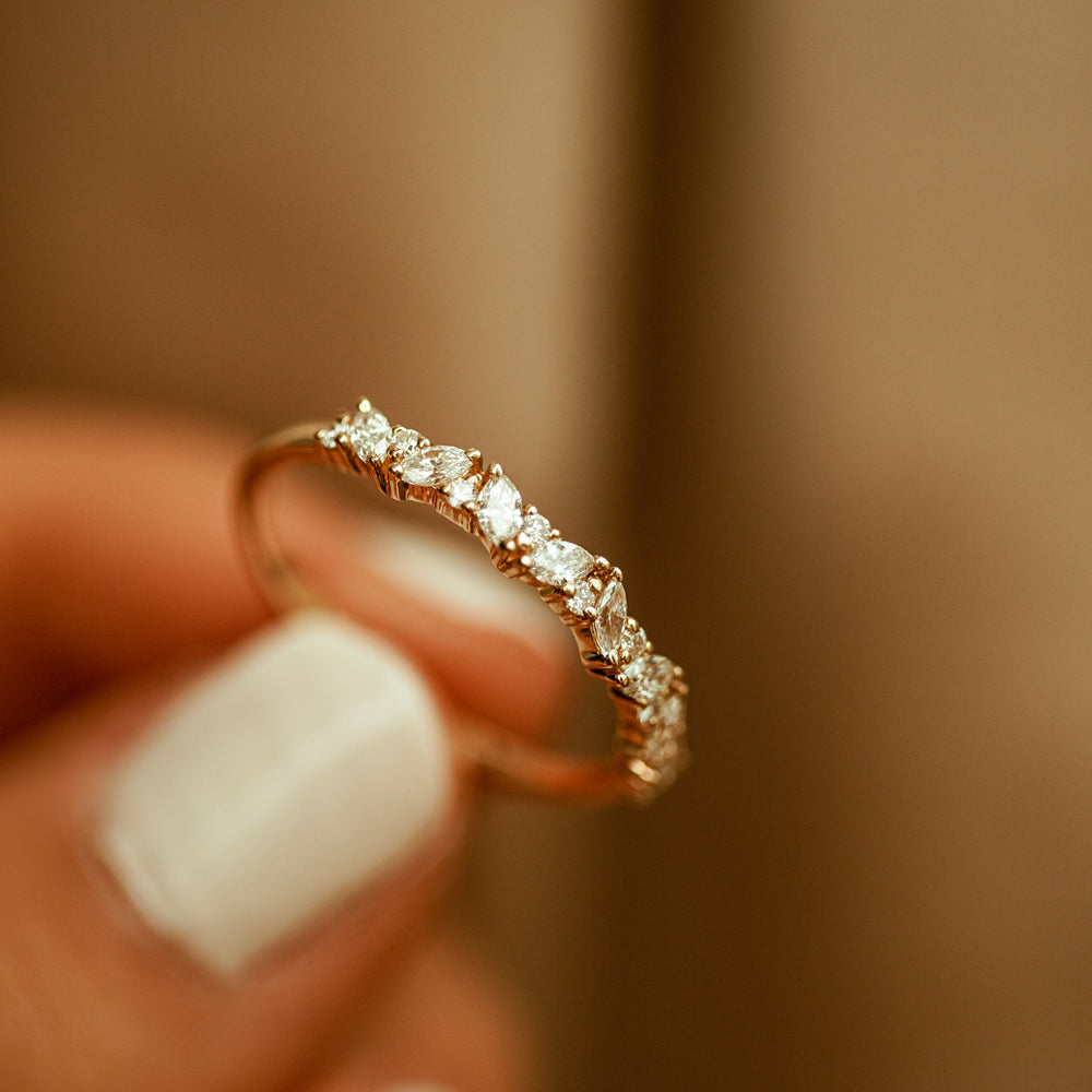 14K Gold Slanted Marquise and Round Diamond Ring - GeumJewels