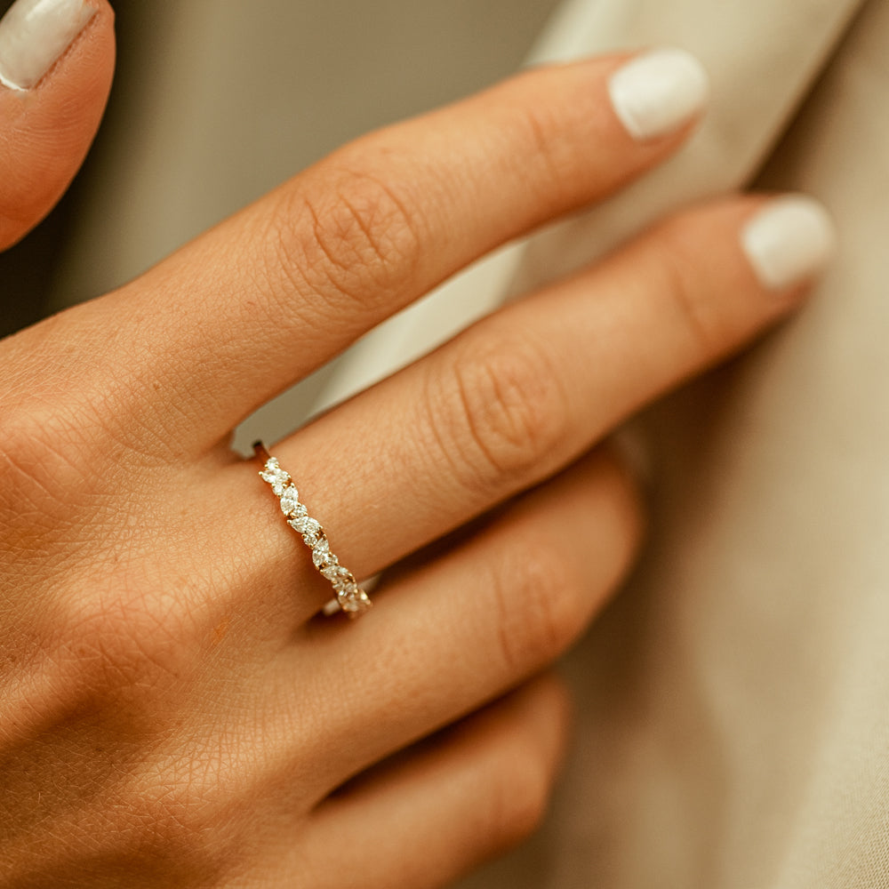 14K Gold Slanted Marquise and Round Diamond Ring - GeumJewels