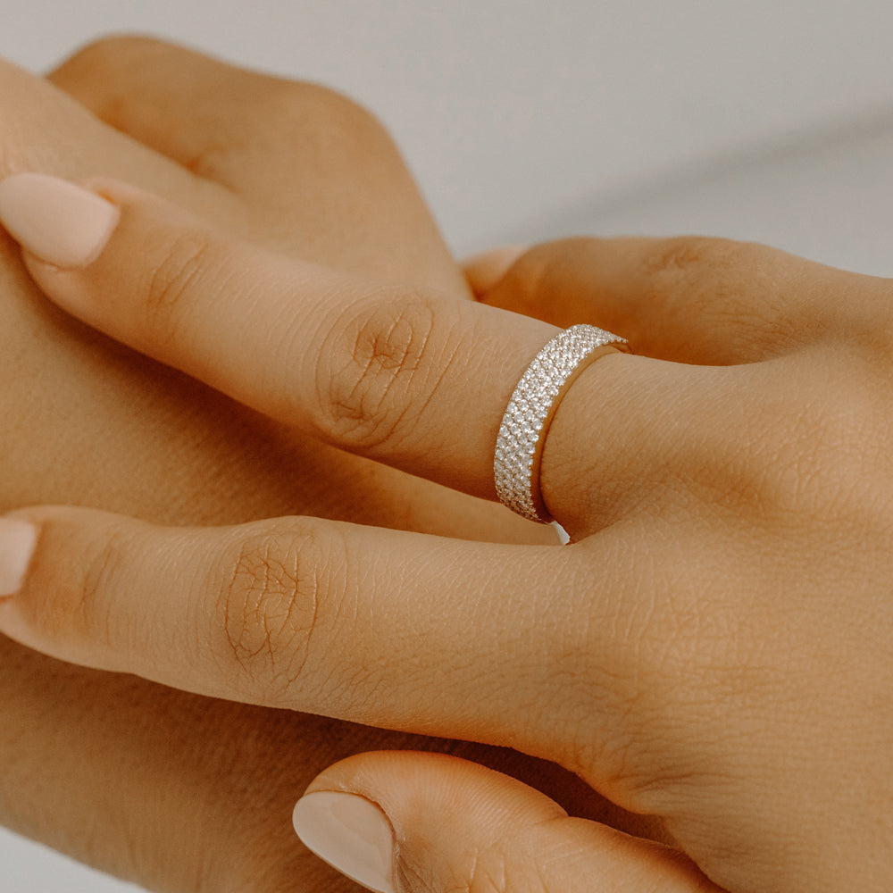 14k Half Eternity 4 Row Micro Pave Wedding Band - GeumJewels