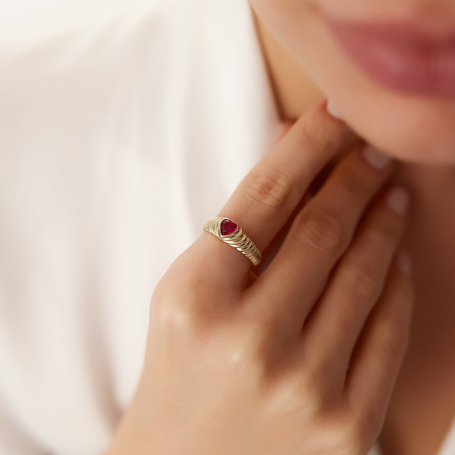 14k Heart Shape Ruby Beveled Ring - GeumJewels