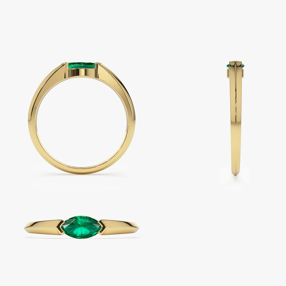 14K Horizontal Marquise Shape Natural Emerald Ring - GeumJewels