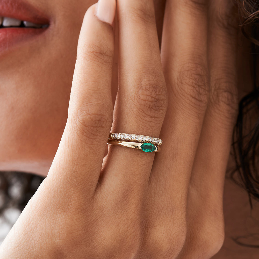 14K Horizontal Marquise Shape Natural Emerald Ring - GeumJewels