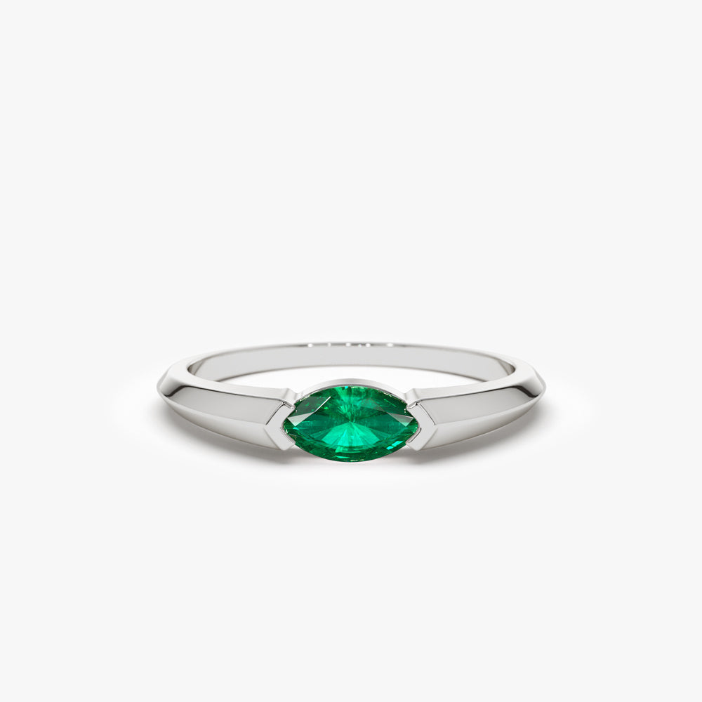 14K Horizontal Marquise Shape Natural Emerald Ring - GeumJewels