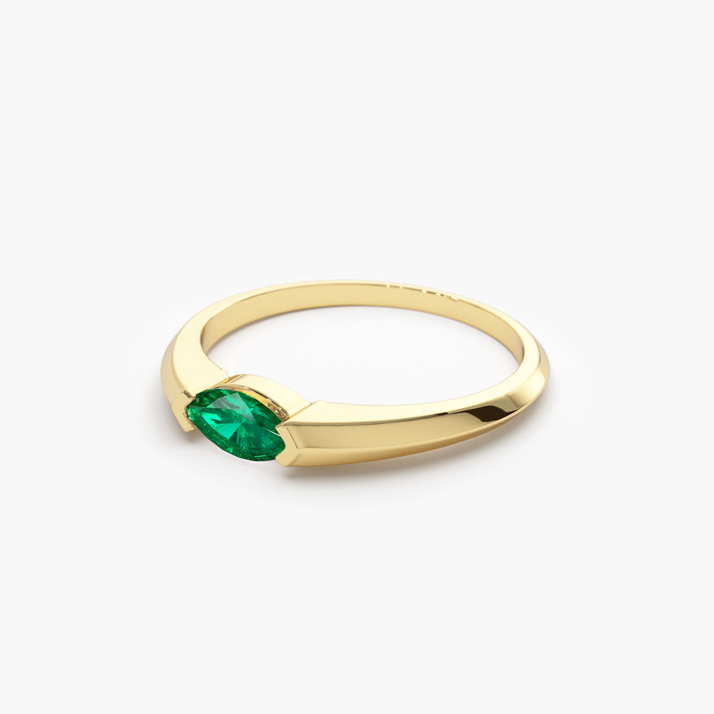 14K Horizontal Marquise Shape Natural Emerald Ring - GeumJewels