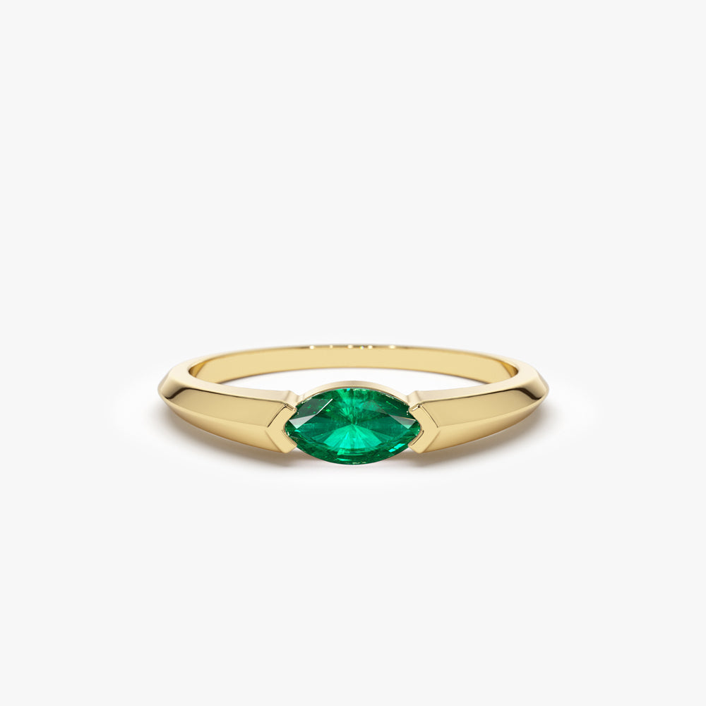 14K Horizontal Marquise Shape Natural Emerald Ring - GeumJewels