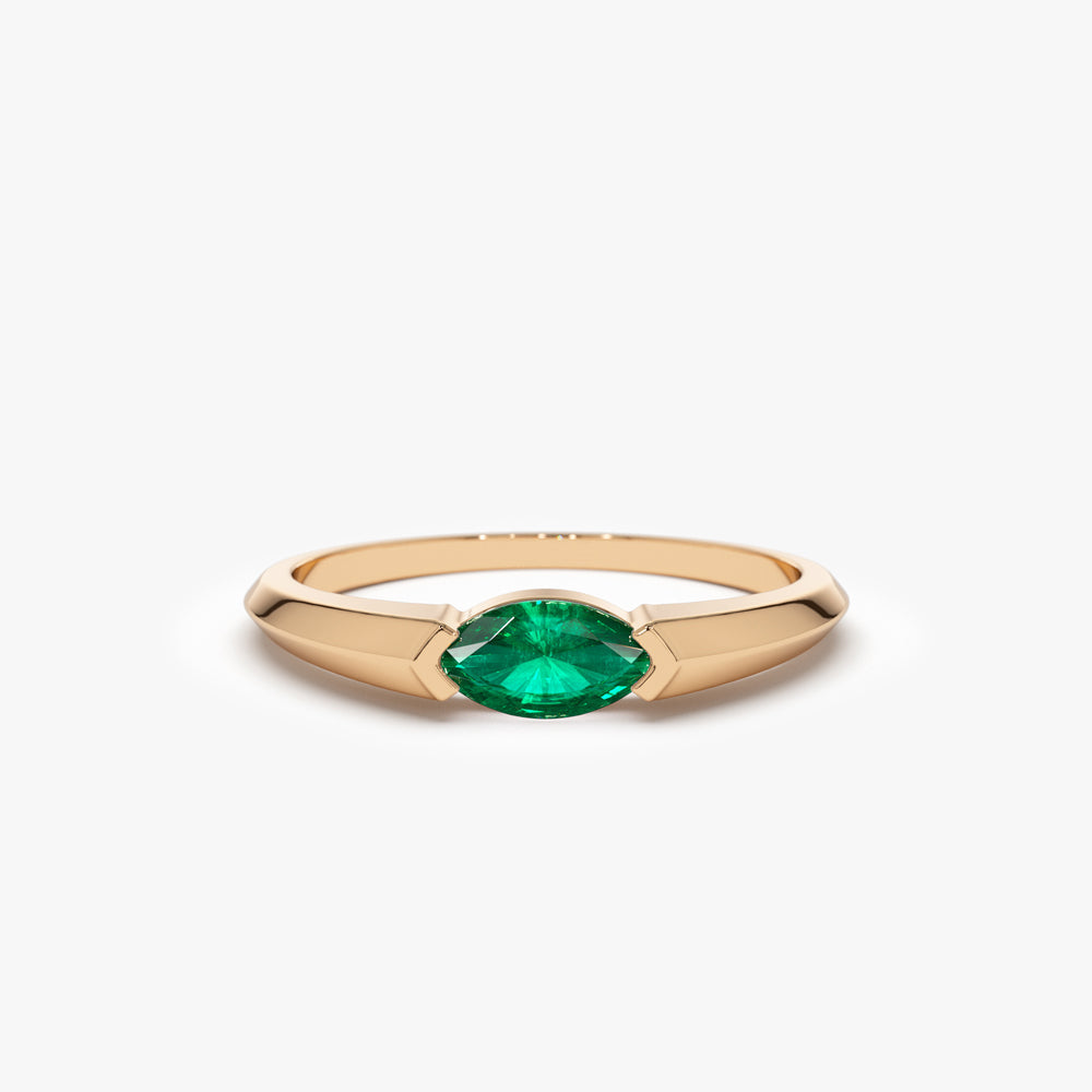 14K Horizontal Marquise Shape Natural Emerald Ring - GeumJewels