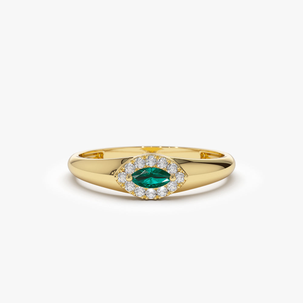 14k Marquise Emerald Ring in Halo Setting - GeumJewels