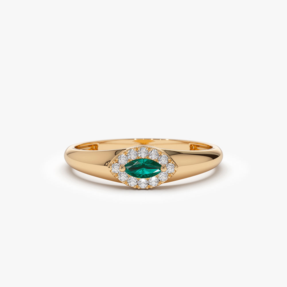 14k Marquise Emerald Ring in Halo Setting - GeumJewels