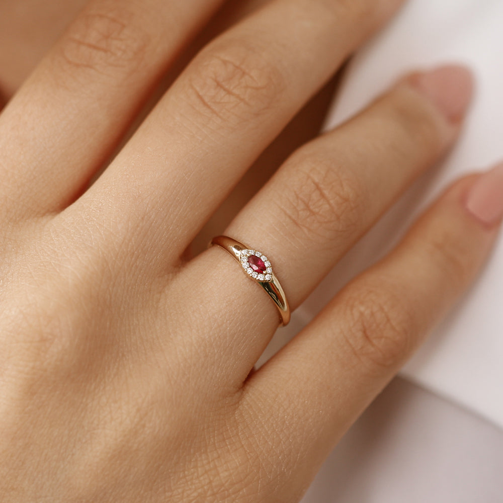 14k Marquise Ruby Ring in Halo Setting - GeumJewels