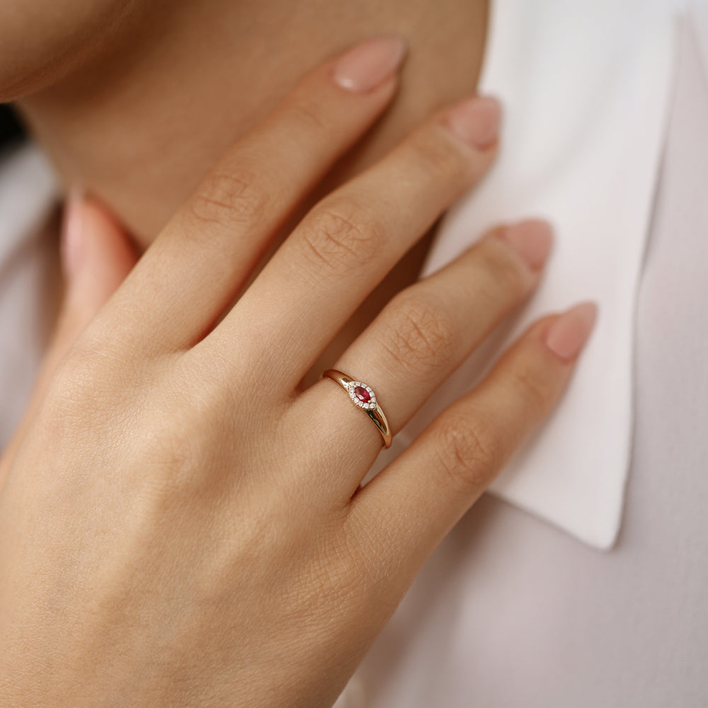 14k Marquise Ruby Ring in Halo Setting - GeumJewels