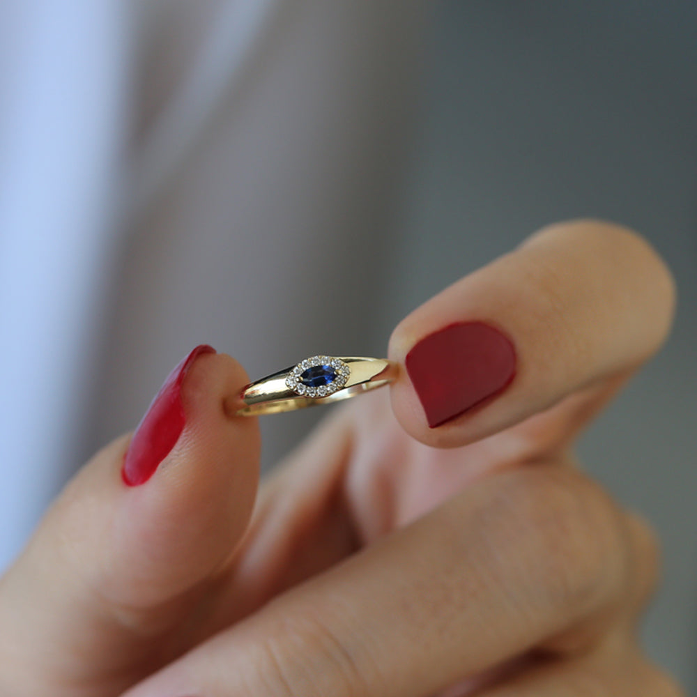 14k Marquise Sapphire Ring in Halo Setting - GeumJewels