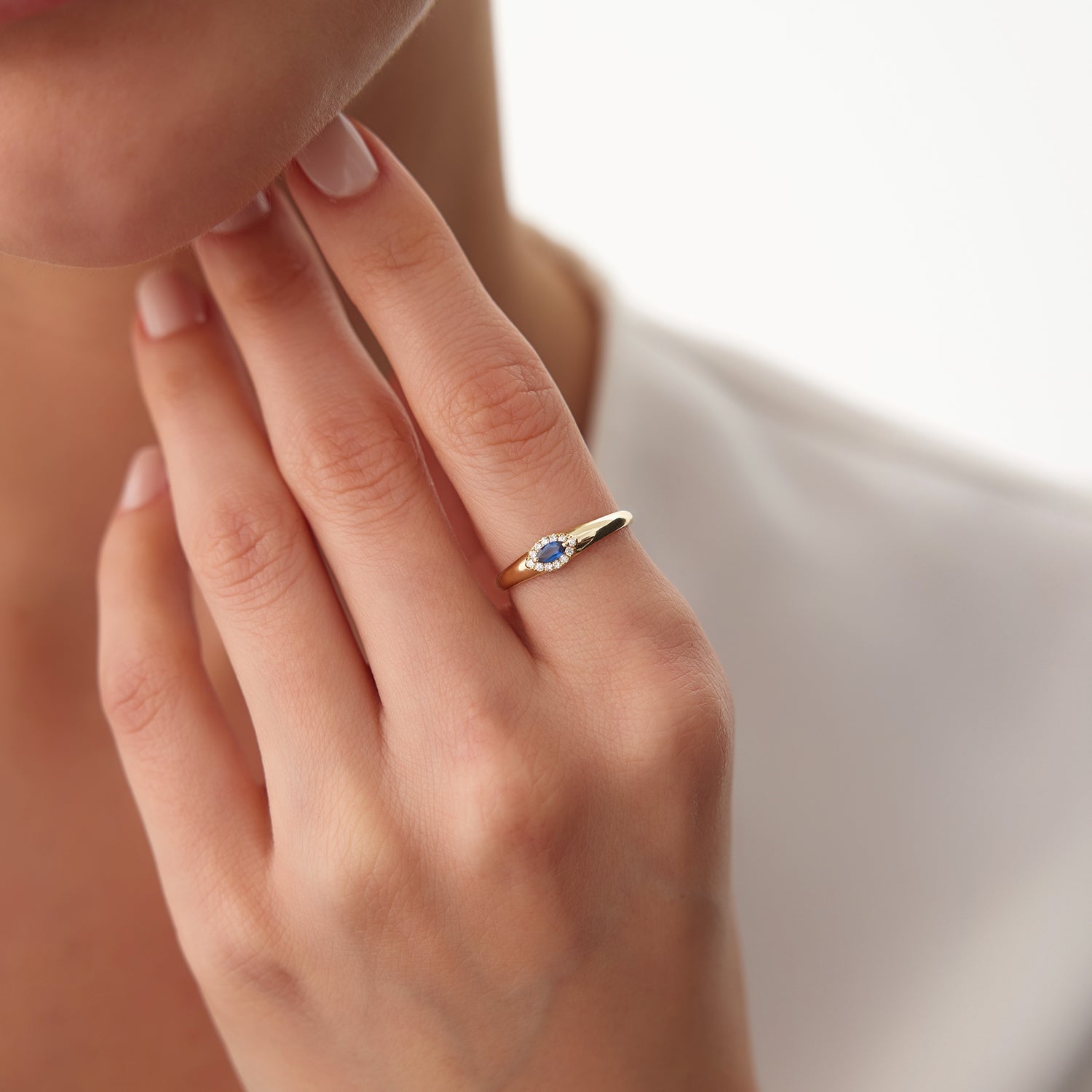 14k Marquise Sapphire Ring in Halo Setting - GeumJewels