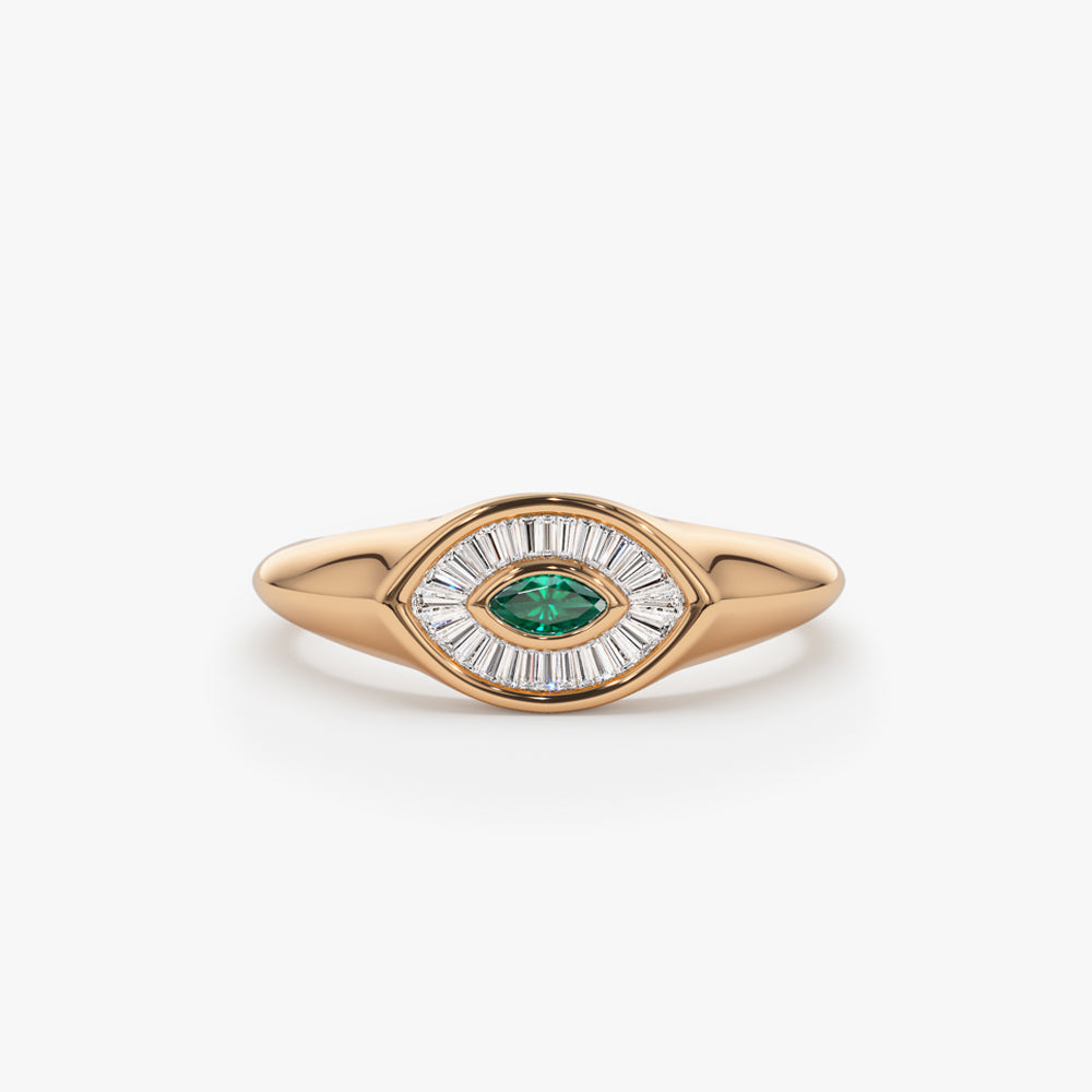 14k Marquise Shaped Emerald and Baguette Diamond Ring - GeumJewels