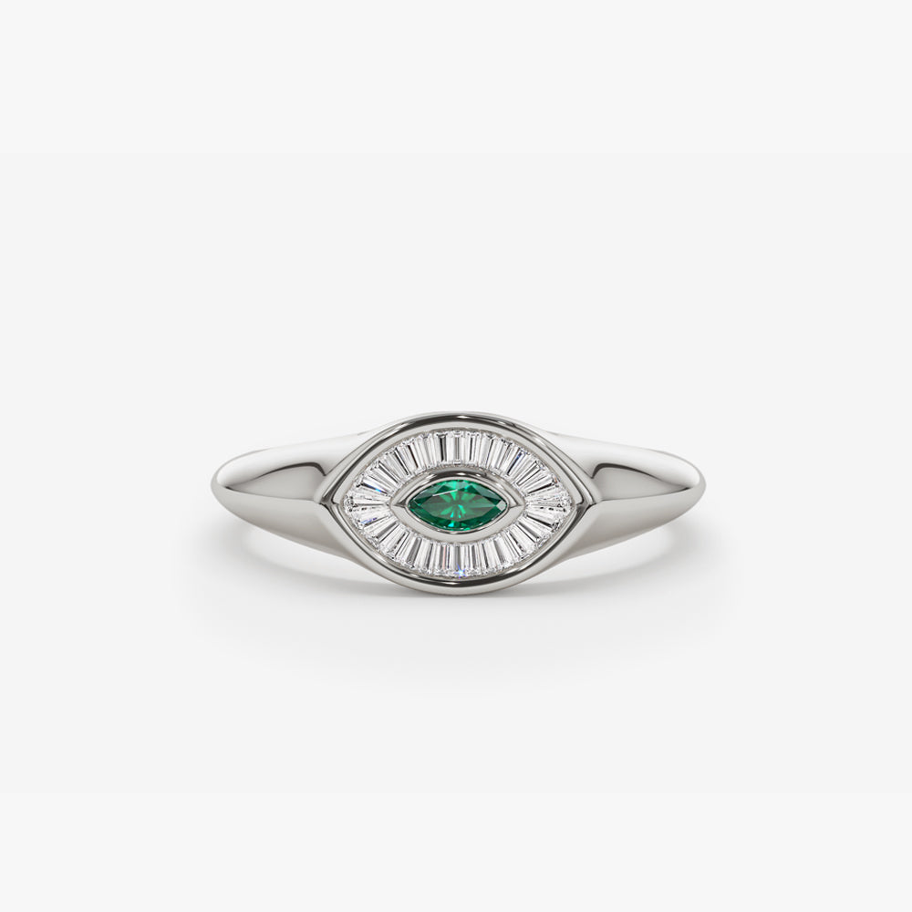 14k Marquise Shaped Emerald and Baguette Diamond Ring - GeumJewels