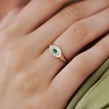 14k Marquise Shaped Emerald and Baguette Diamond Ring - GeumJewels