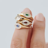 14k Marquise Shaped Emerald and Baguette Diamond Ring - GeumJewels