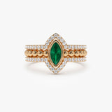 14k Marquise Shaped Emerald Ring with Nesting Diamond Bands - GeumJewels
