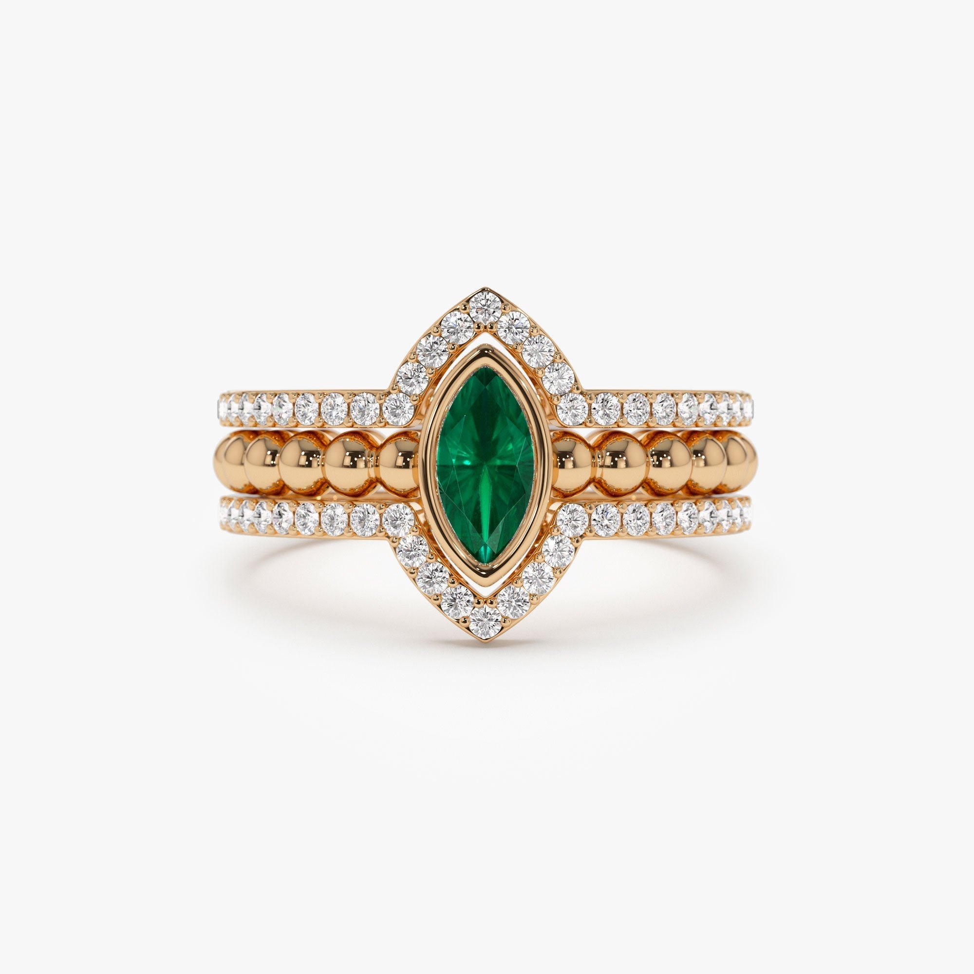 14k Marquise Shaped Emerald Ring with Nesting Diamond Bands - GeumJewels