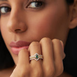 14k Marquise Shaped Emerald Ring with Nesting Diamond Bands - GeumJewels