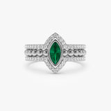 14k Marquise Shaped Emerald Ring with Nesting Diamond Bands - GeumJewels