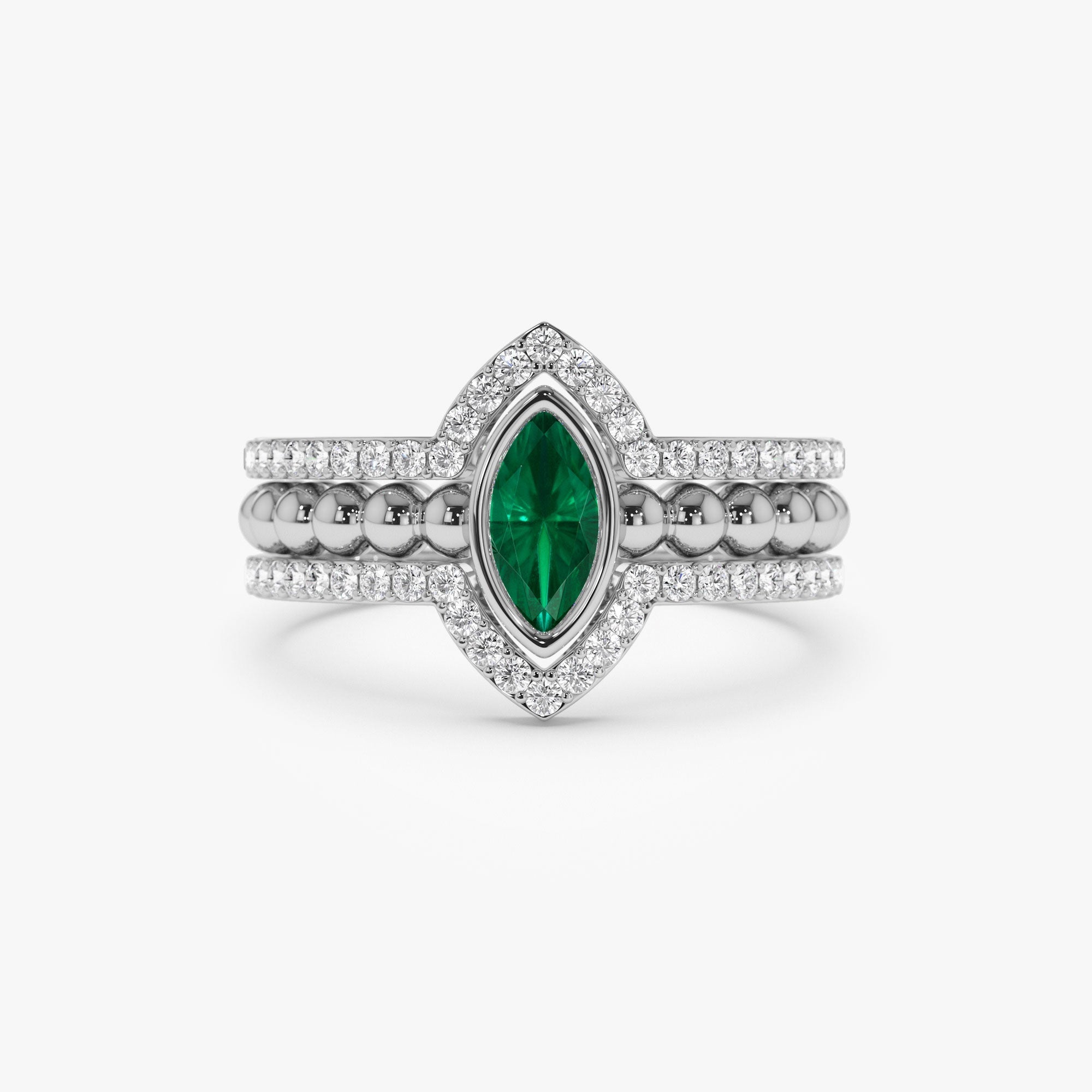 14k Marquise Shaped Emerald Ring with Nesting Diamond Bands - GeumJewels
