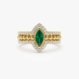 14k Marquise Shaped Emerald Ring with Nesting Diamond Bands - GeumJewels