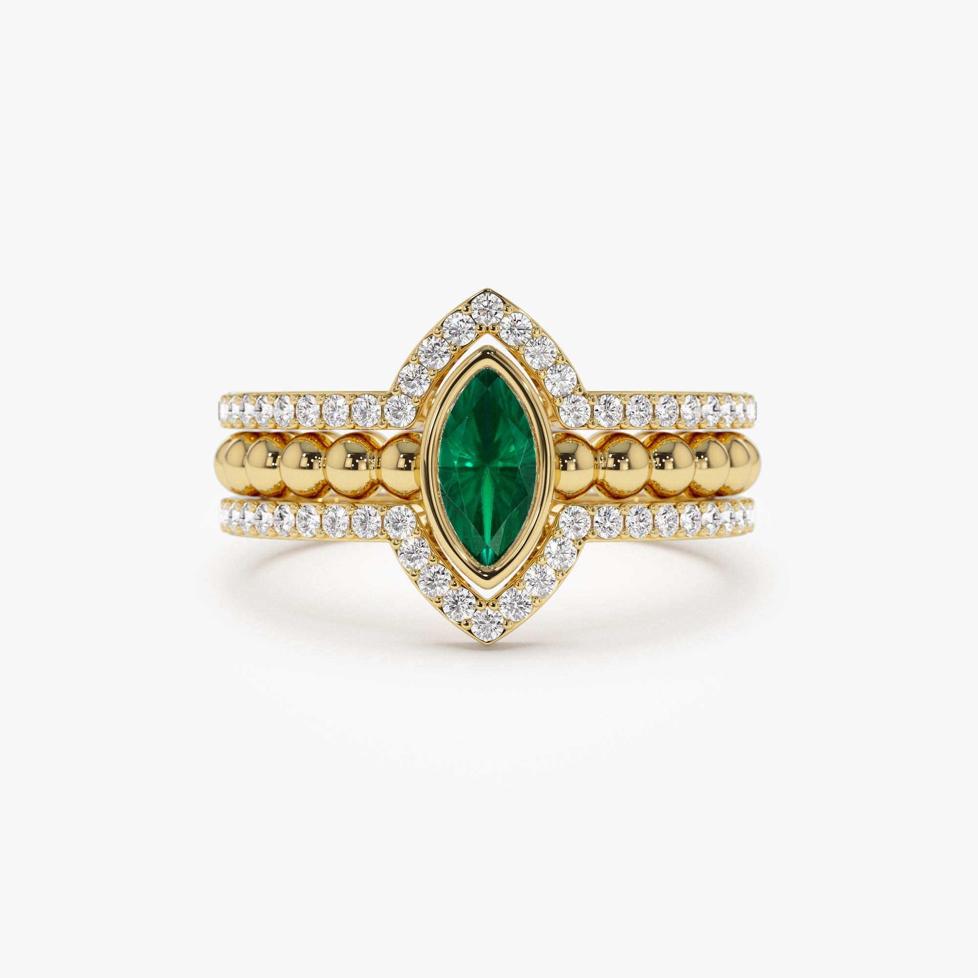 14k Marquise Shaped Emerald Ring with Nesting Diamond Bands - GeumJewels