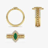 14k Marquise Shaped Emerald Ring with Nesting Diamond Bands - GeumJewels