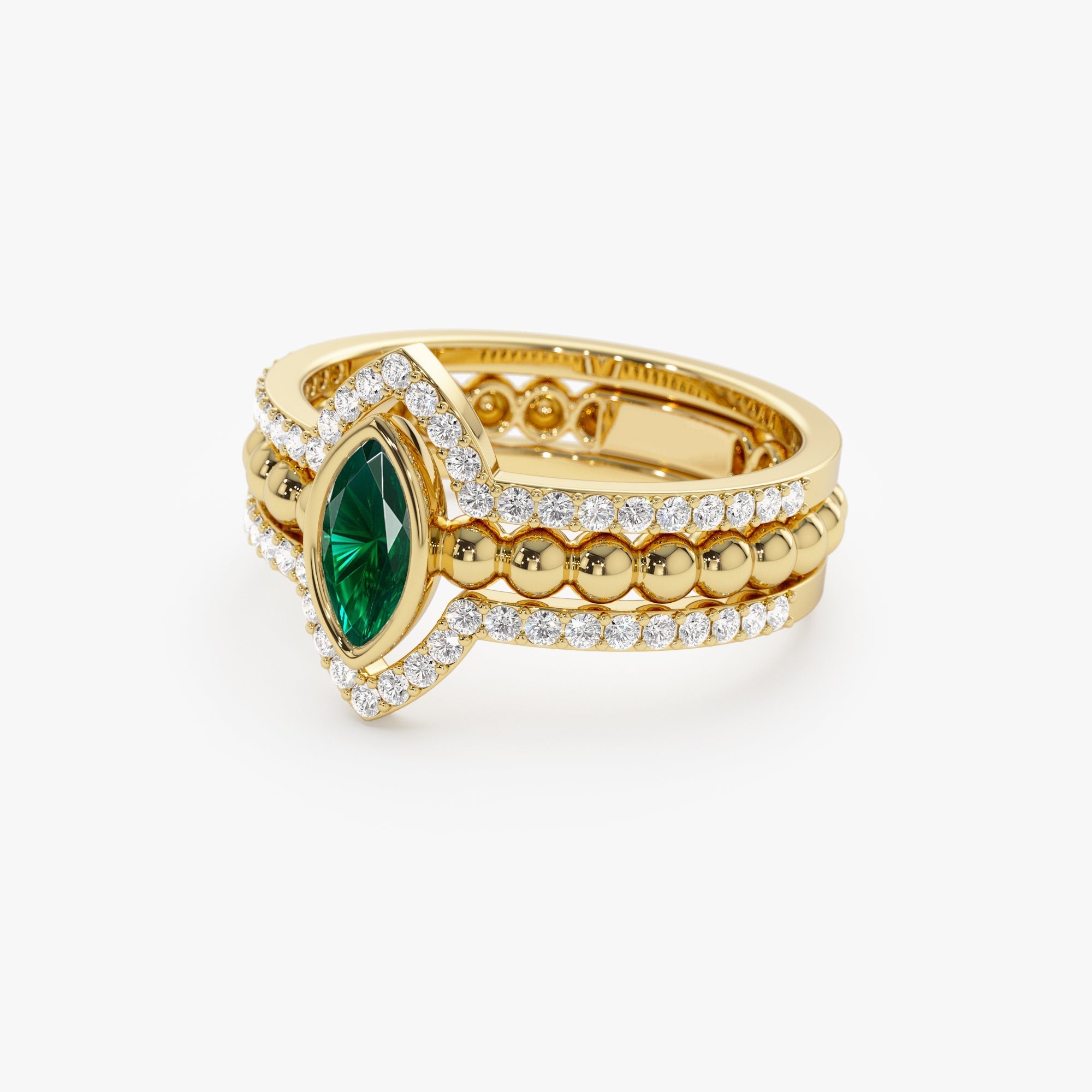 14k Marquise Shaped Emerald Ring with Nesting Diamond Bands - GeumJewels