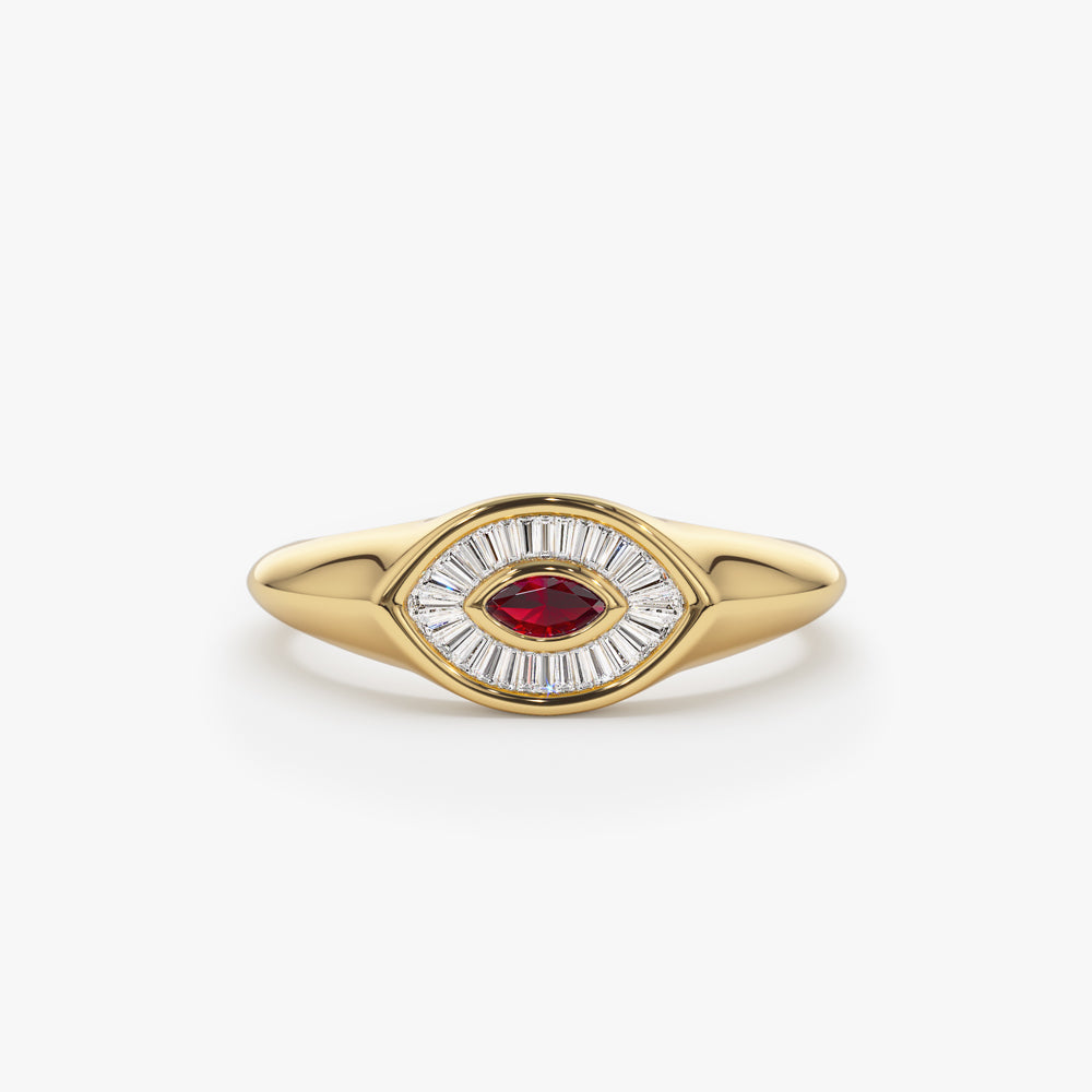 14k Marquise Shaped Ruby and Baguette Diamond Ring - GeumJewels