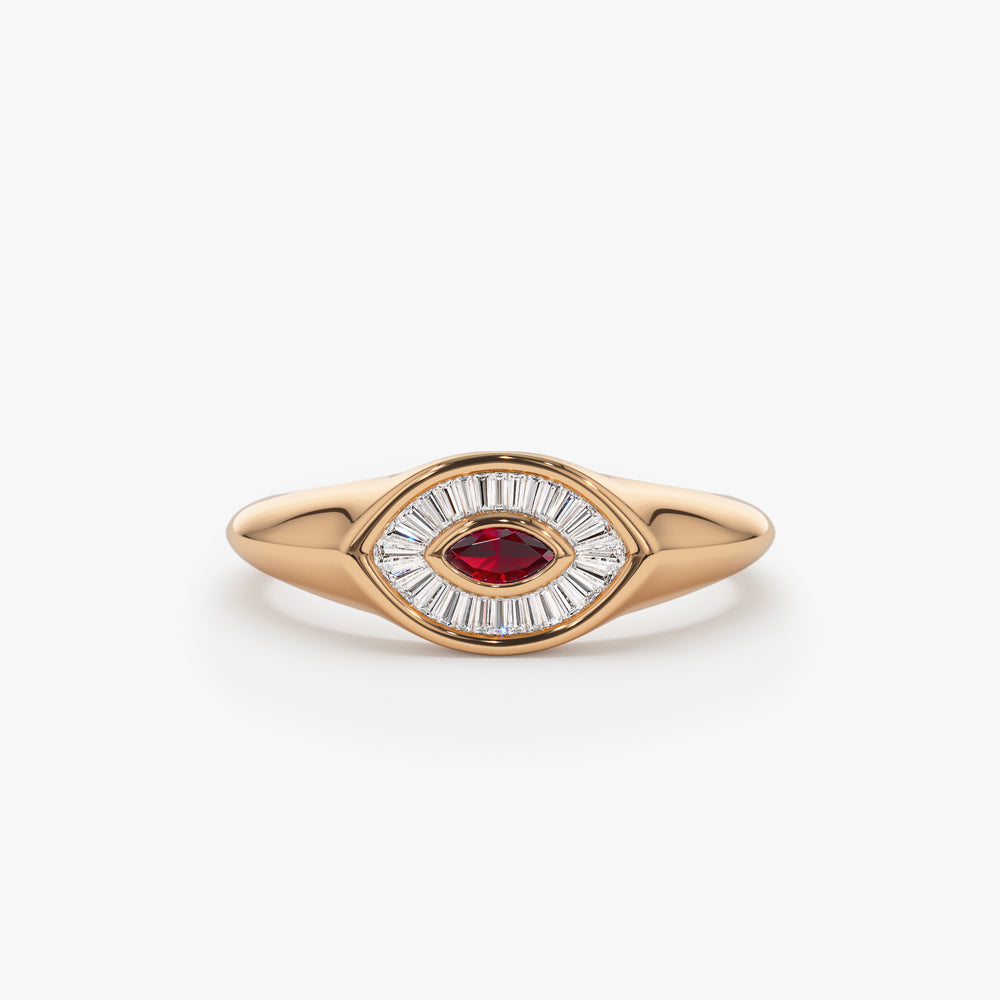 14k Marquise Shaped Ruby and Baguette Diamond Ring - GeumJewels