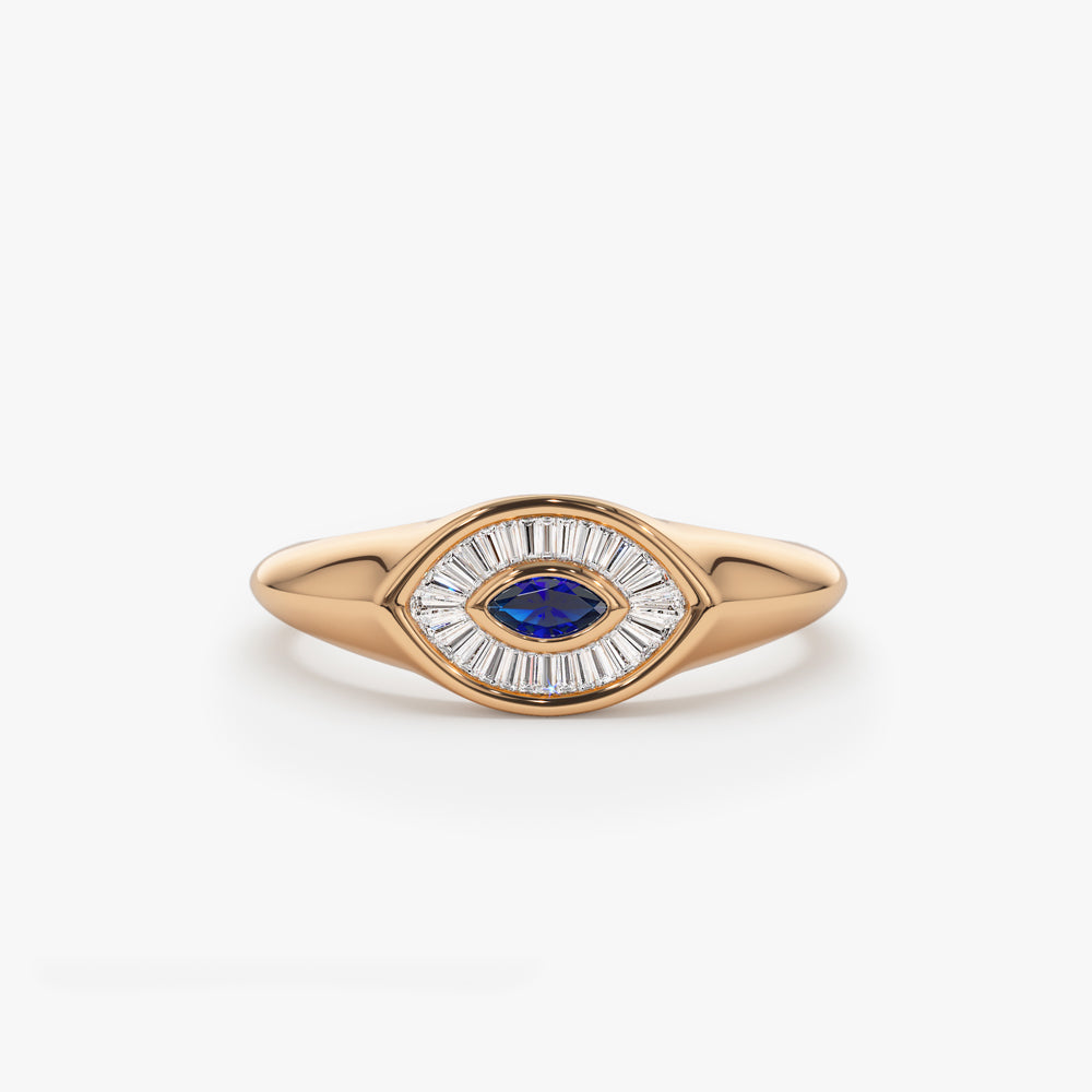 14k Marquise Shaped Sapphire and Baguette Diamond Ring - GeumJewels