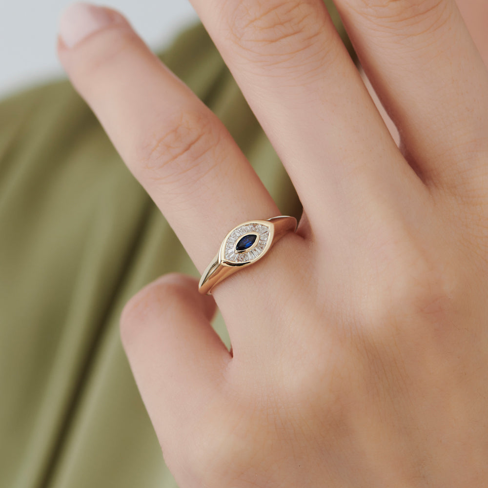 14k Marquise Shaped Sapphire and Baguette Diamond Ring - GeumJewels