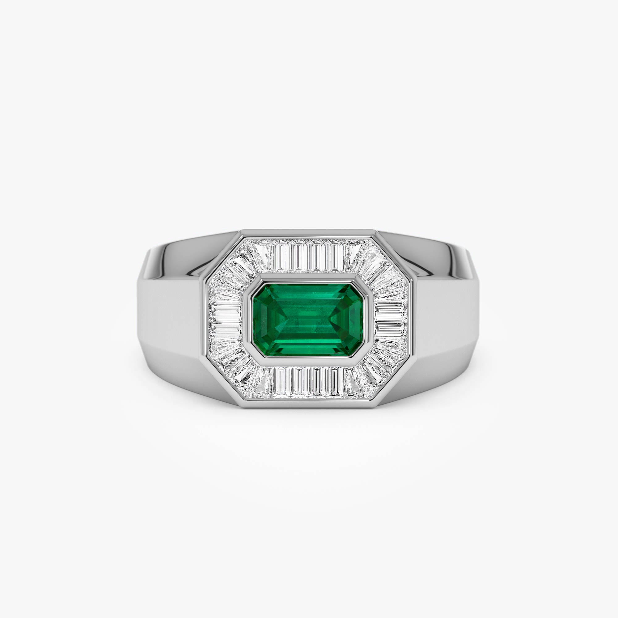 14k Octagon Shape Baguette Diamond Emerald Ring - GeumJewels